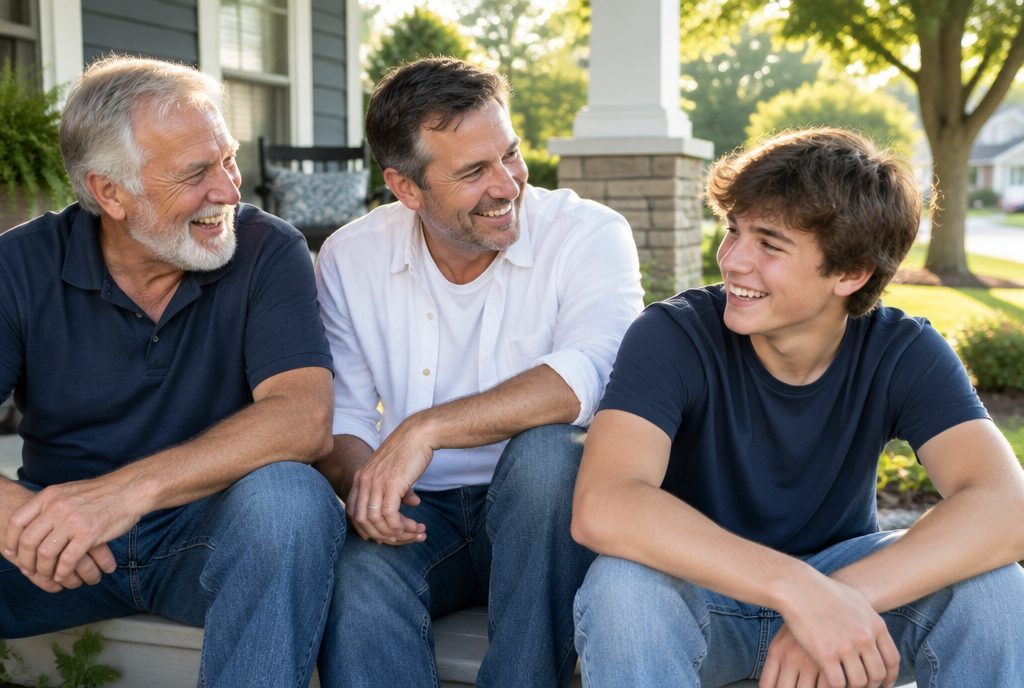 Three generations of a family laughing together on a front porch